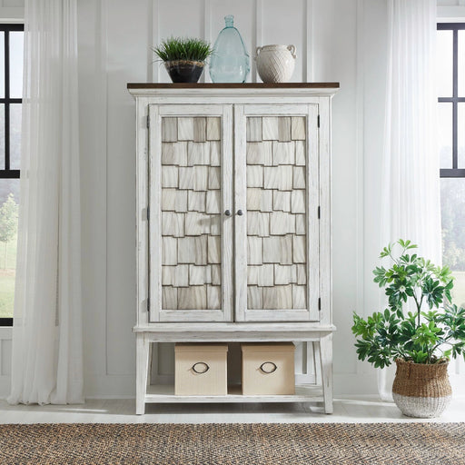 River Place Bar Cabinet in Riverstone White & Tobacco EST SHIP TIME APPX 4 WEEKS image