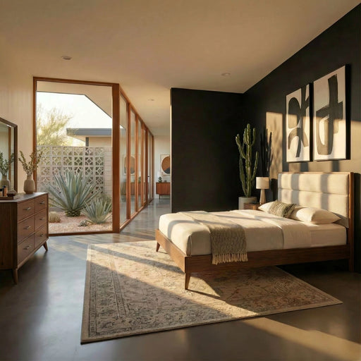 Century Modern California Uph Platform Bed, Dresser & Mirror image