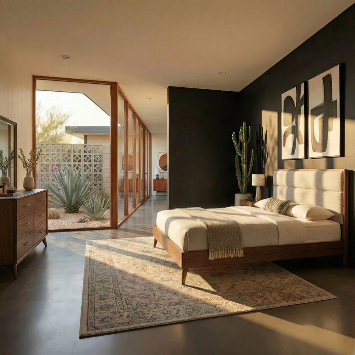 Century Modern California Uph Platform Bed, Dresser & Mirror image