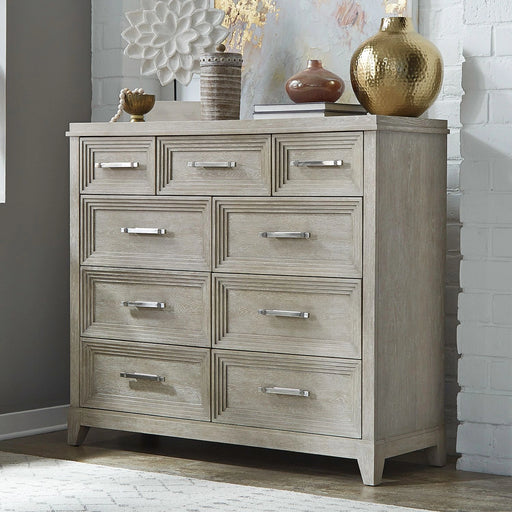 Belmar 9 Drawer Bureau Dresser in Washed Taupe and Silver Champagne image