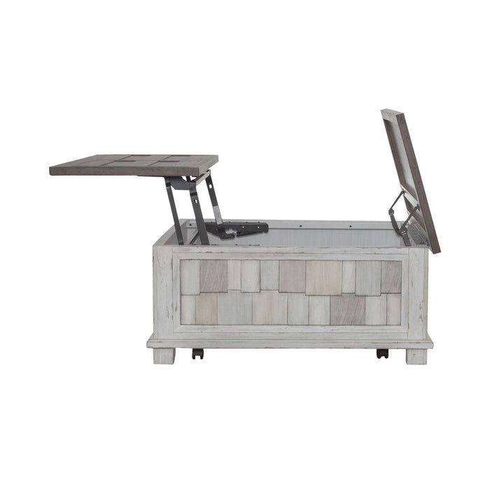 Liberty Furniture River Place Lift Top Storage Cocktail Table in Riverstone White & Tobacco