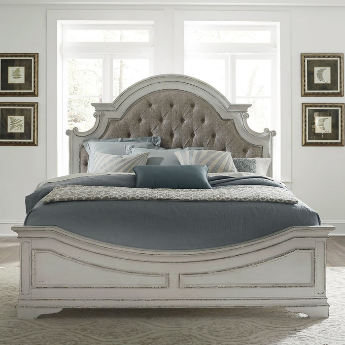 Magnolia Manor King California Upholstered Bed, Dresser & Mirror, Chest