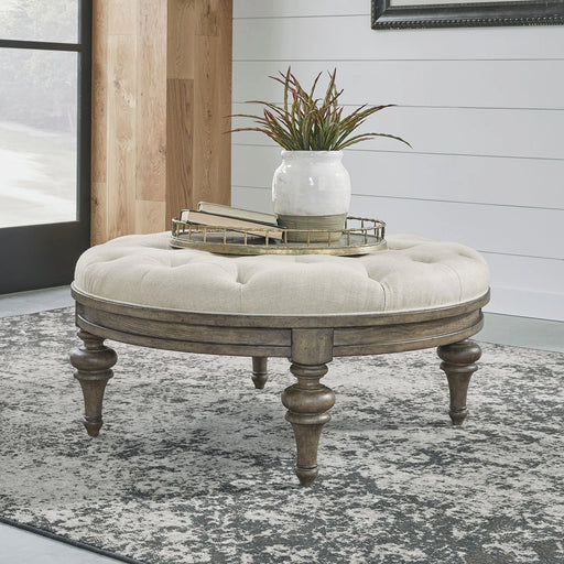 Americana Farmhouse Round Cocktail Ottoman in Dusty Taupe image