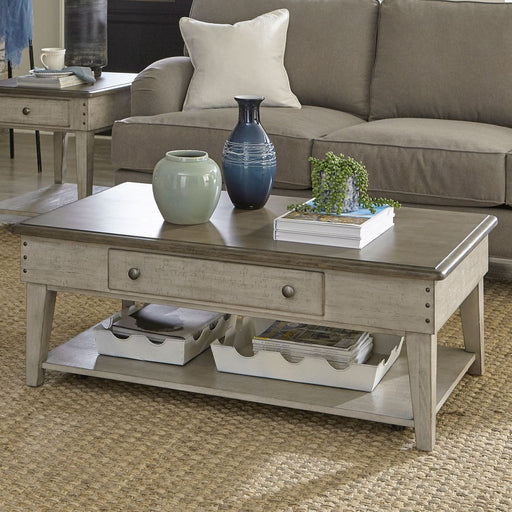 Liberty Furniture Ivy Hollow Drawer Cocktail Table in Weathered Linen with Dusty Taupe Top image