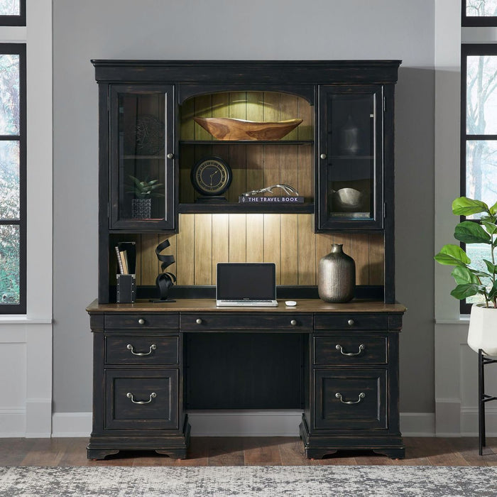 Liberty Furniture Meritage Credenza & Hutch in Aged Charcoal w/ Rub Thru/Caramel