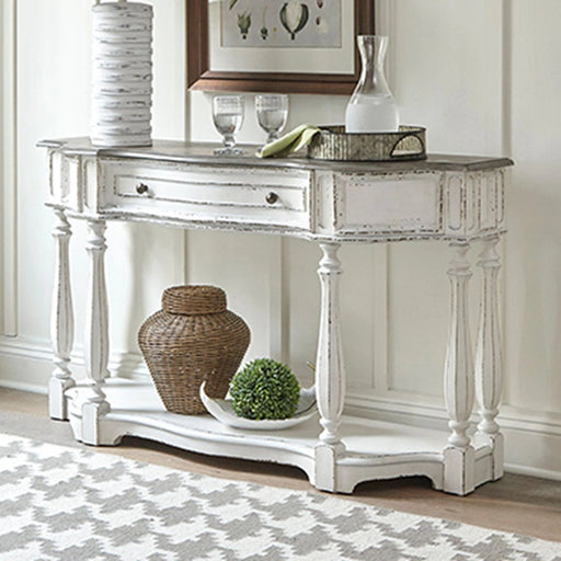 Magnolia Manor 56 Inch Hall Console Table in Antique White Base w/ Weathered Bark Tops image