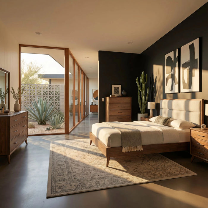 Century Modern Uph Platform Bed, Dresser & Mirror, Night Stand image