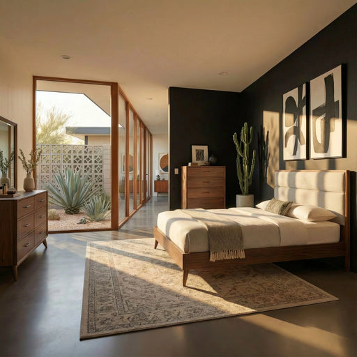 Century Modern California Uph Platform Bed, Dresser & Mirror, Chest image