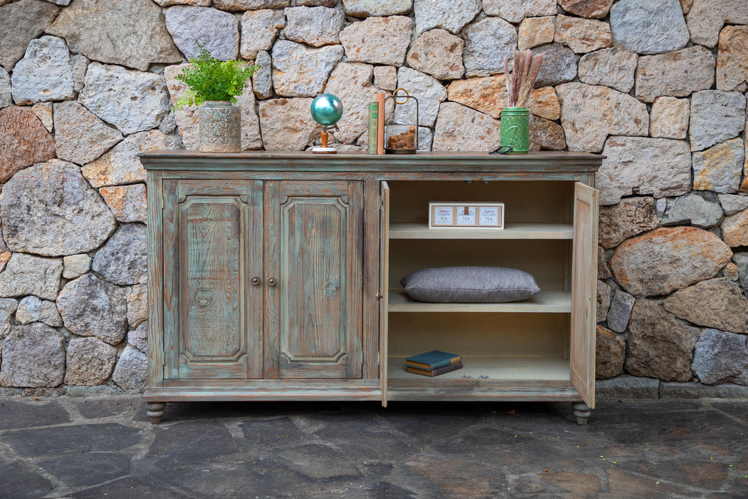 Margot 4 Doors Console, Two fixed shelves, Aged Green finish