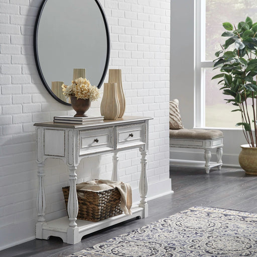Magnolia Manor Hall Console in Antique White & Weathered Bark EST SHIP TIME APPX 4 WEEKS image