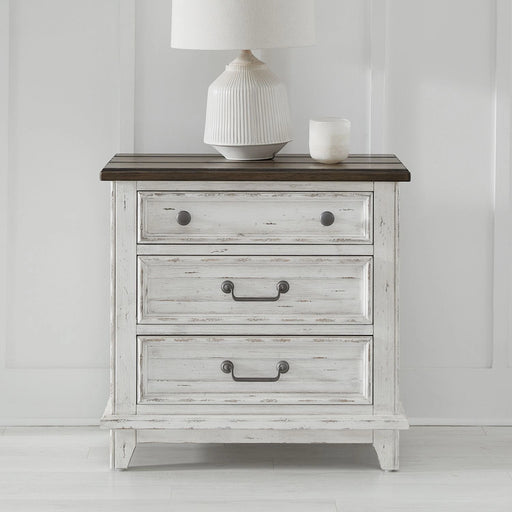 River Place 3 Drawer Nightstand with Charging Station in Riverstone White and Tobacco image