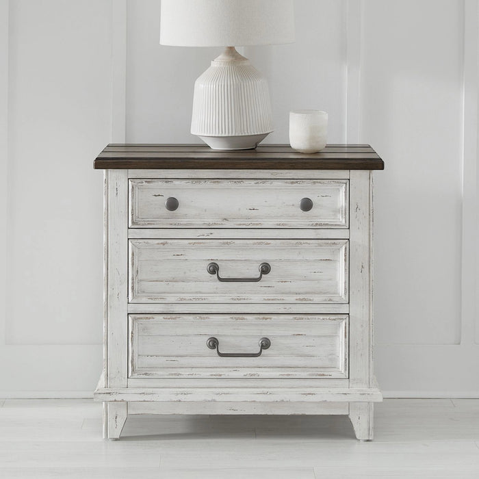 River Place 3 Drawer Nightstand with Charging Station in Riverstone White and Tobacco image