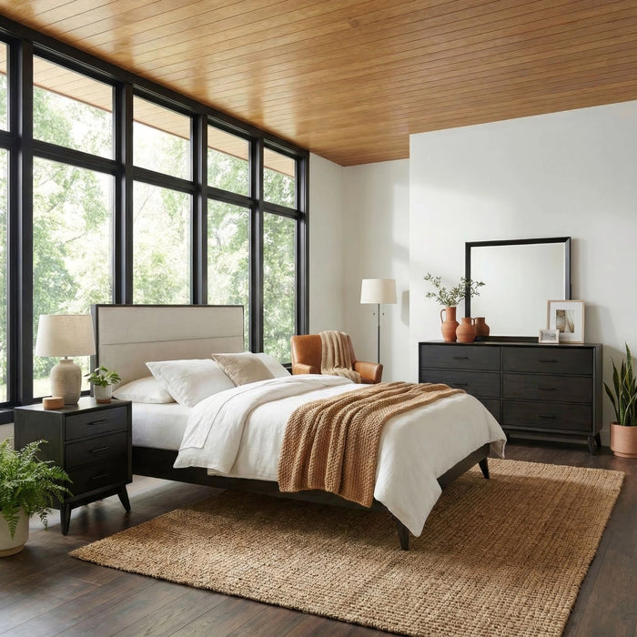 Century Modern Uph Platform Bed, Dresser & Mirror, Night Stand image